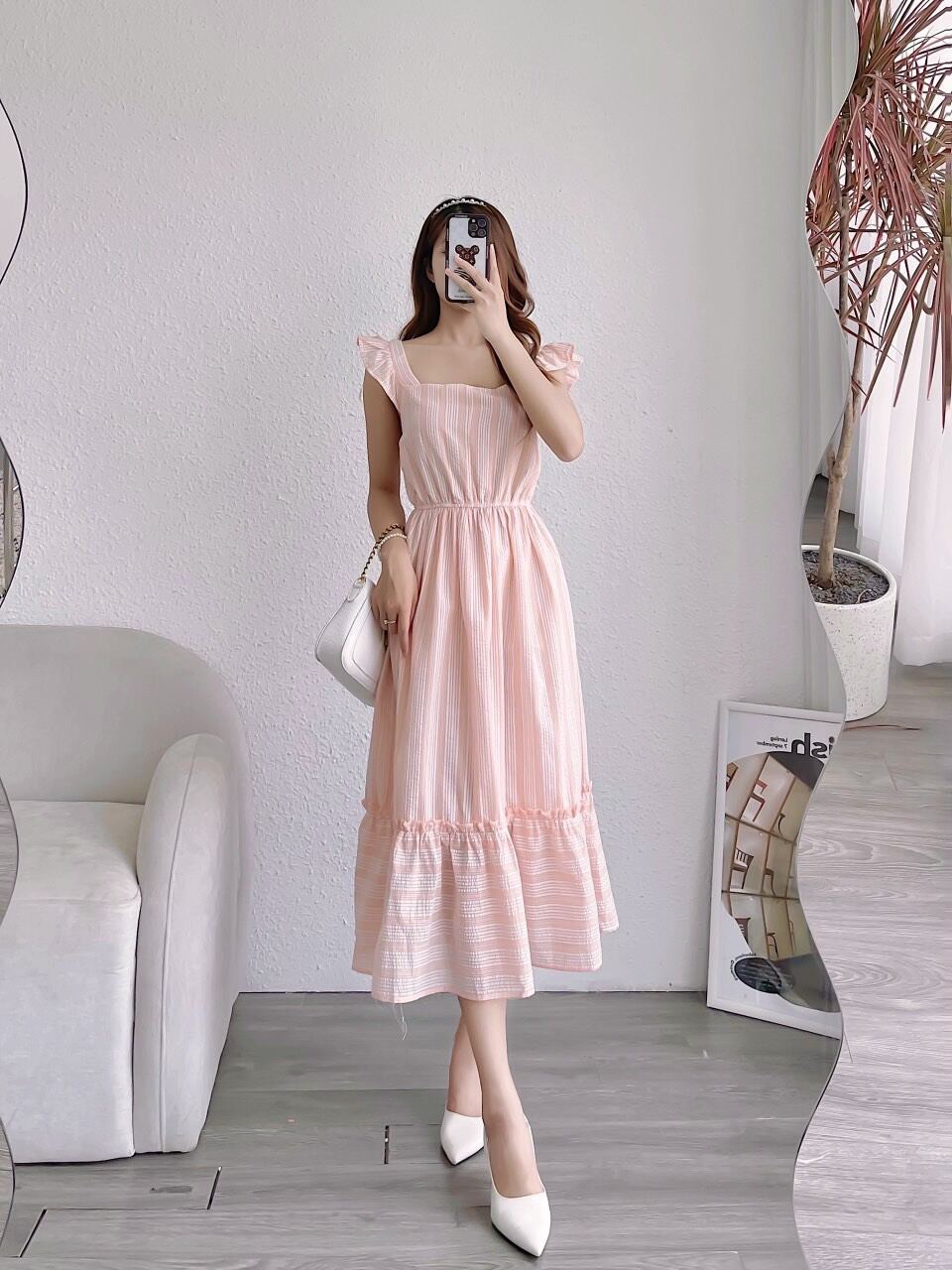 Đầm midi đũi xanh cam vnxk