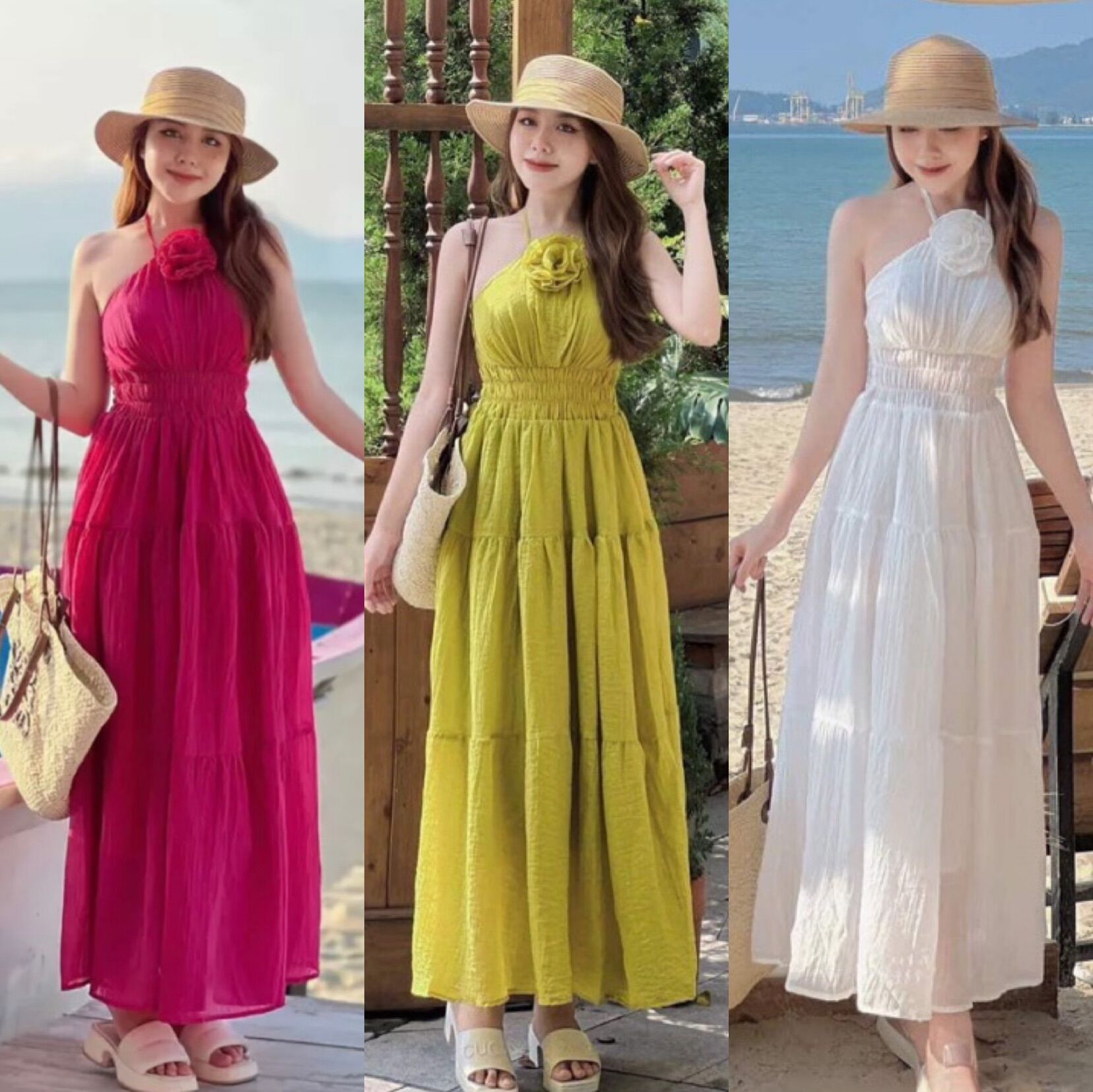 Đầm maxi cổ yếm bo eo phối hoa cổ siêu đẹp thanh lịch - M22