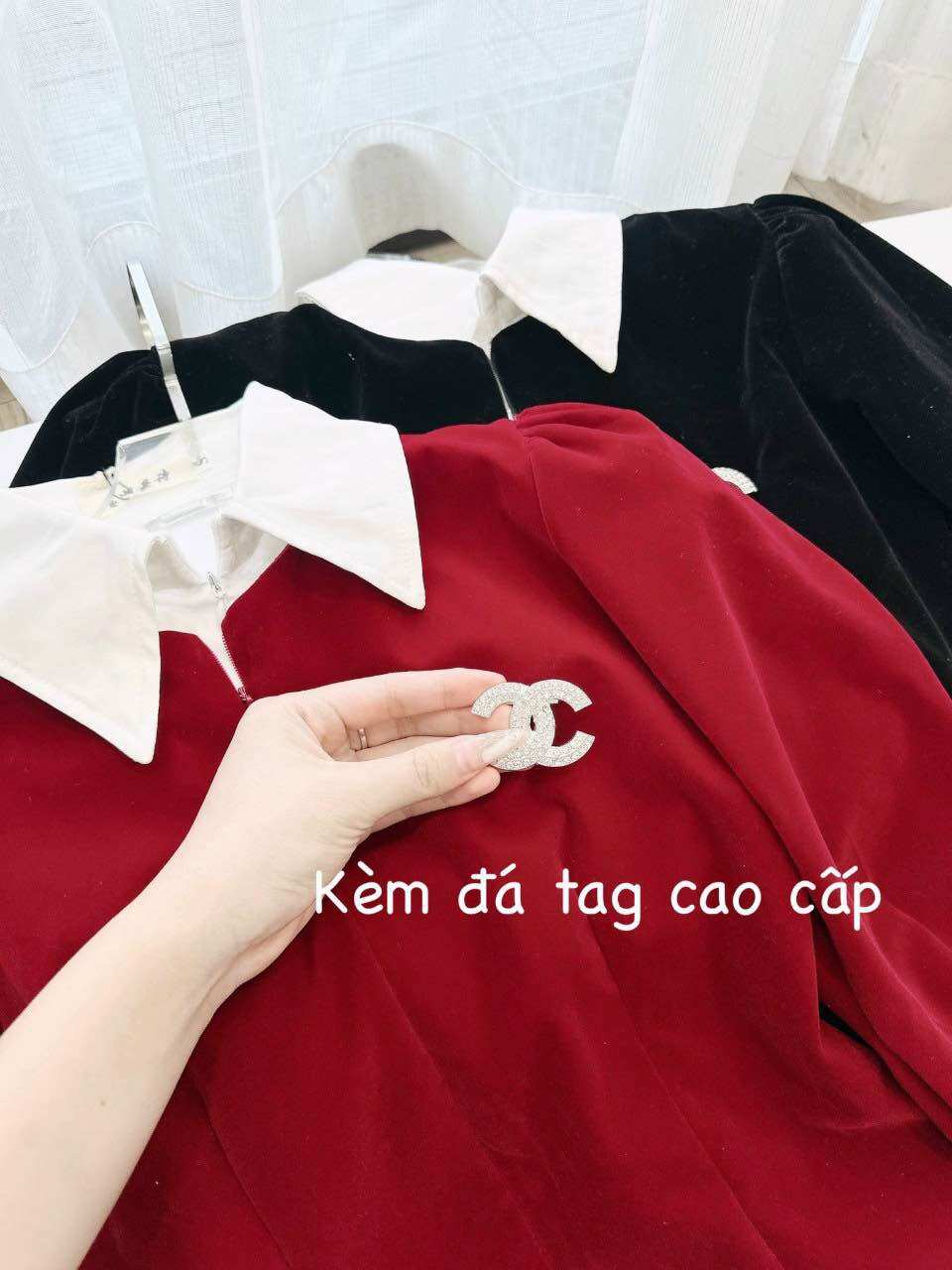 Váy nhung phối cổ sơ mi thiết kế cao cấp