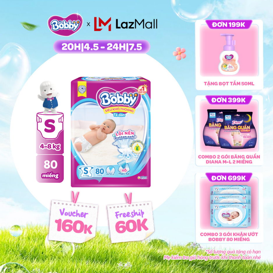 [CHỈ 20h 04-07.05 QT Đơn 899K/1199K]Tã dán sơ sinh Bobby S80 mới- Lõi nén thần kỳ 3mm