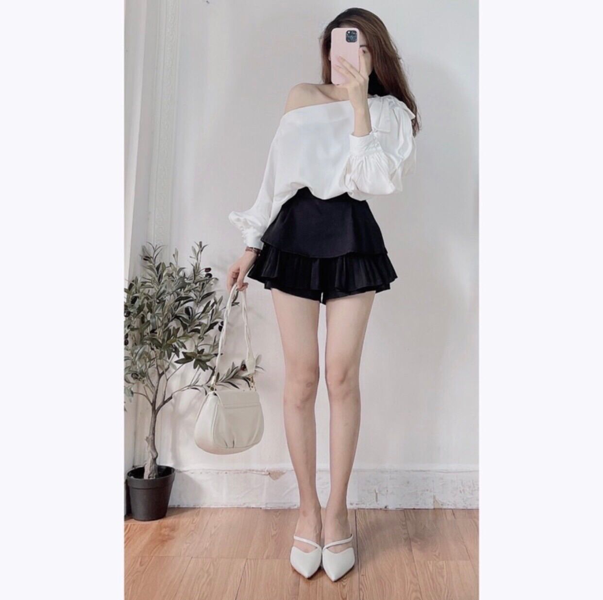 Áo sơ mi nữ thiết kế lệch vai, tay rơi vải lụa mềm