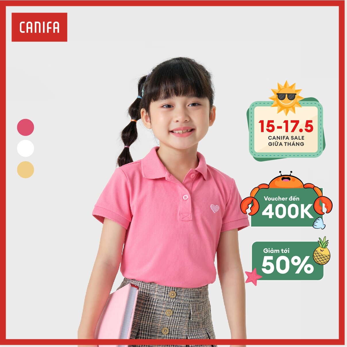 Áo polo bé gái in nhỏ canifa áo polo chất liệu cotton pha, cổ bẻ tay cộc. 1tp23s005