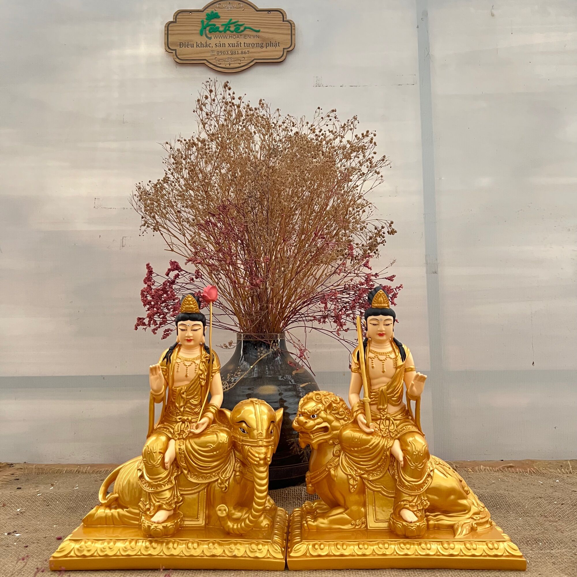 Bộ 2 tượng Văn Thù Phổ Hiền cao 30cm composite và đá | Tượng Phật Hoa Tiên