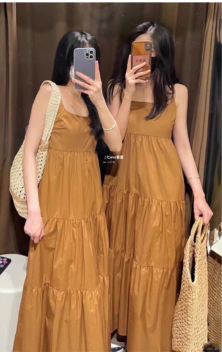 Đầm Zara 2 dây nâu maxi cực tây