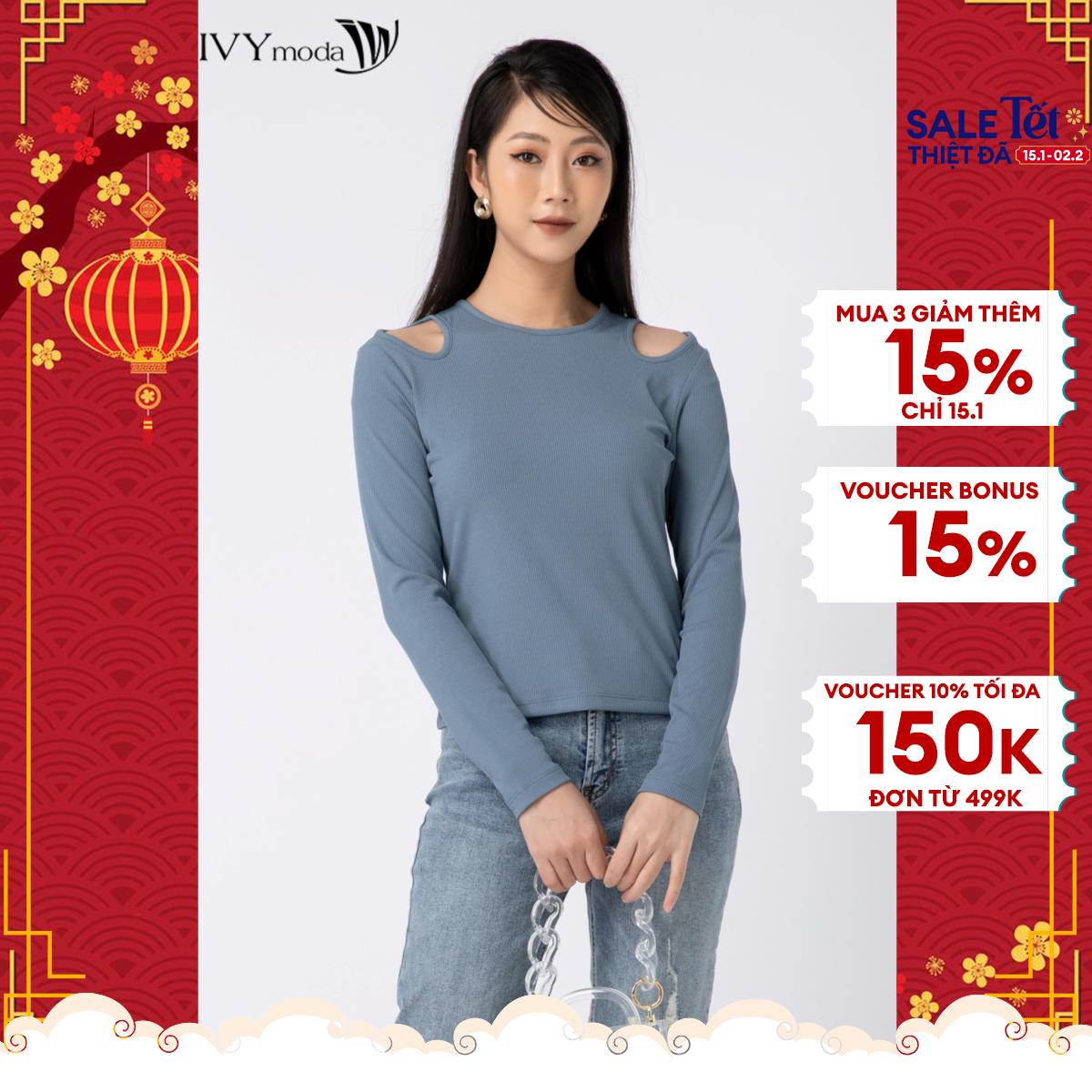 Áo thun nữ dài tay vai cut - out sành điệu ivy moda ms 58m6921