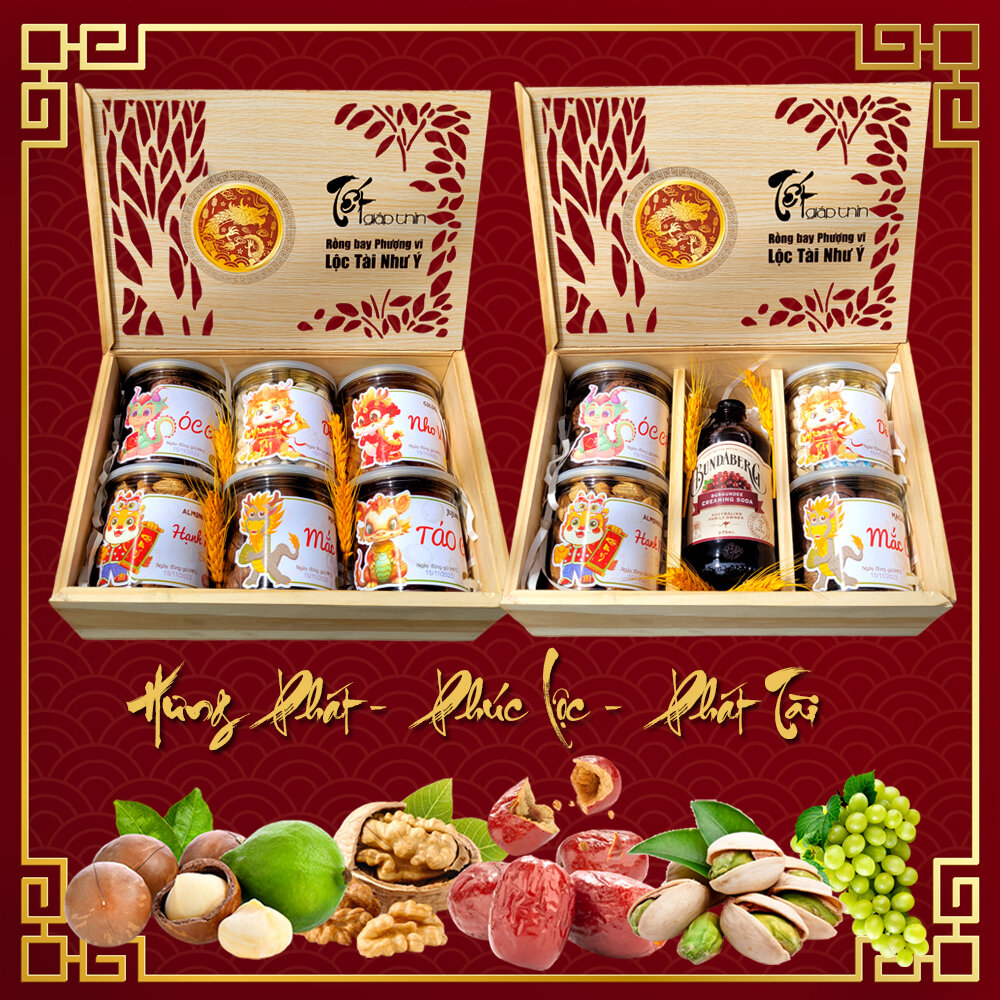 Hộp quà Gỗ thông CNC hương tinh dầu set 6 set 5 vị hạt dinh dưỡng cao cấp kèm túi giấy