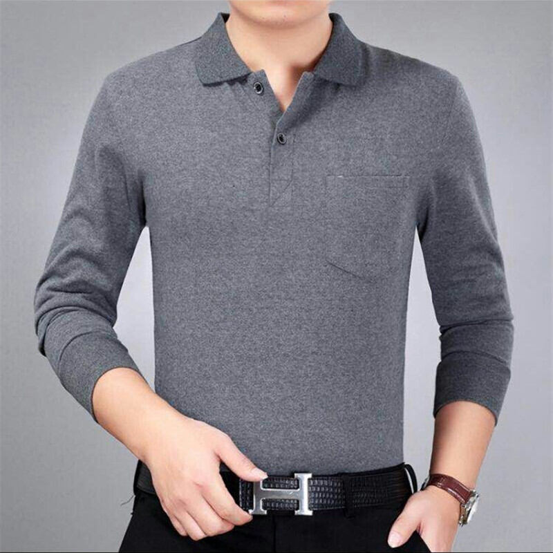 Áo Thun Dài Tay Kẻ Sọc Nam Giới Trung Niên Mùa Thu Áo Polo Cổ Bẻ Cotton Túi Thật Trang Phục Cho Bố Trung Niên Và Già Áo