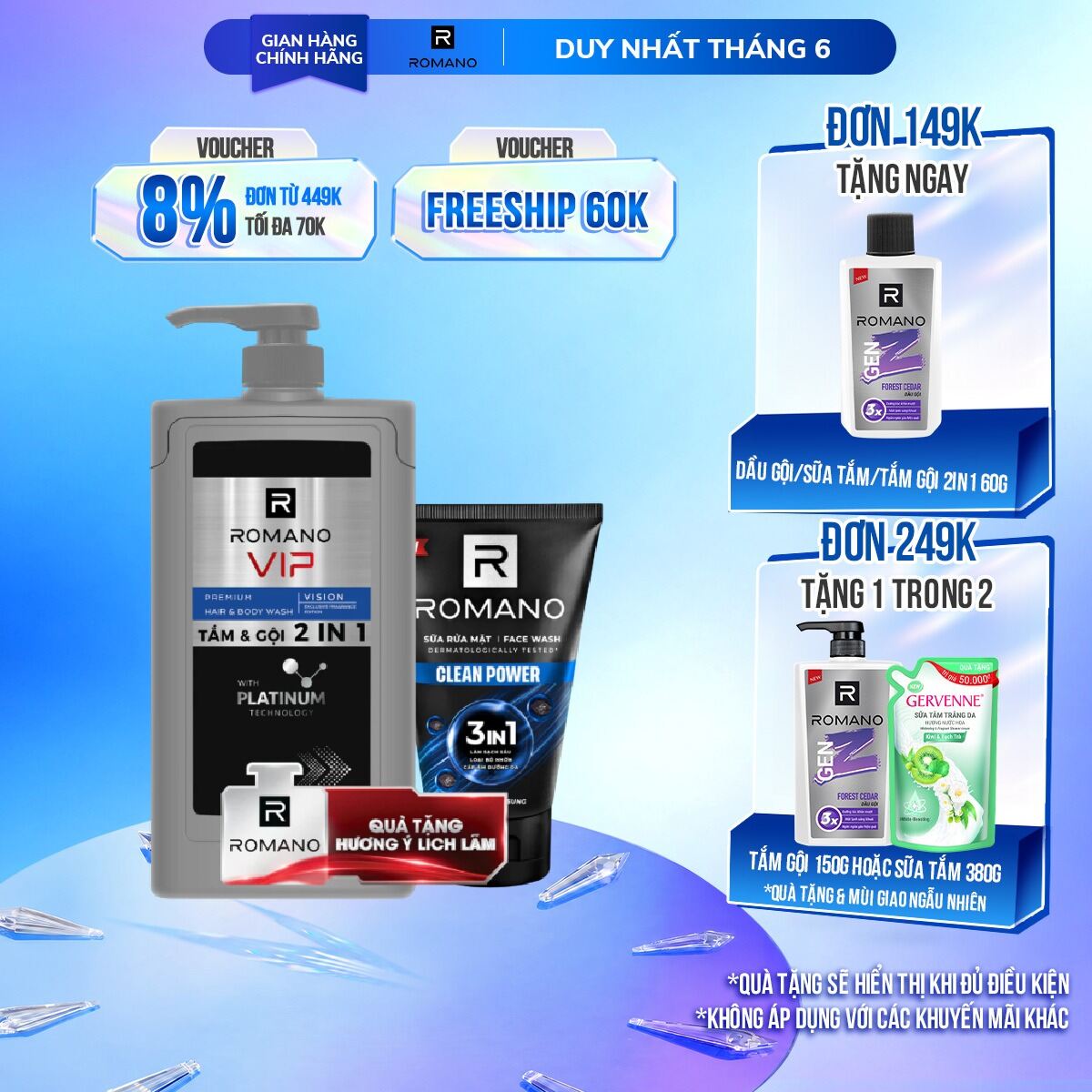 [Tặng kèm sữa rửa mặt 100 ml] Tắm gội 2 trong 1 Romano 2in1 Vip Vision 650g/chai