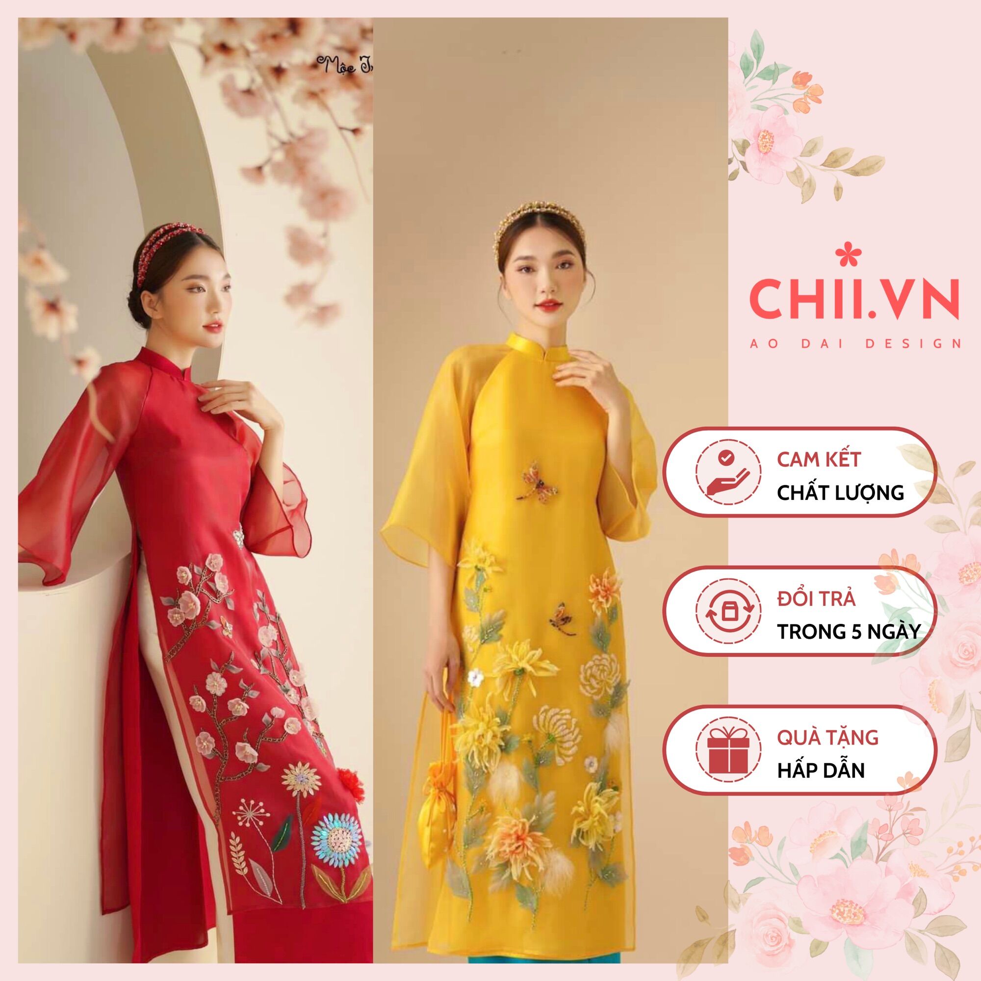 Áo dài cách tân dáng suông đính kết cao cấp 2 màu đỏ, vàng