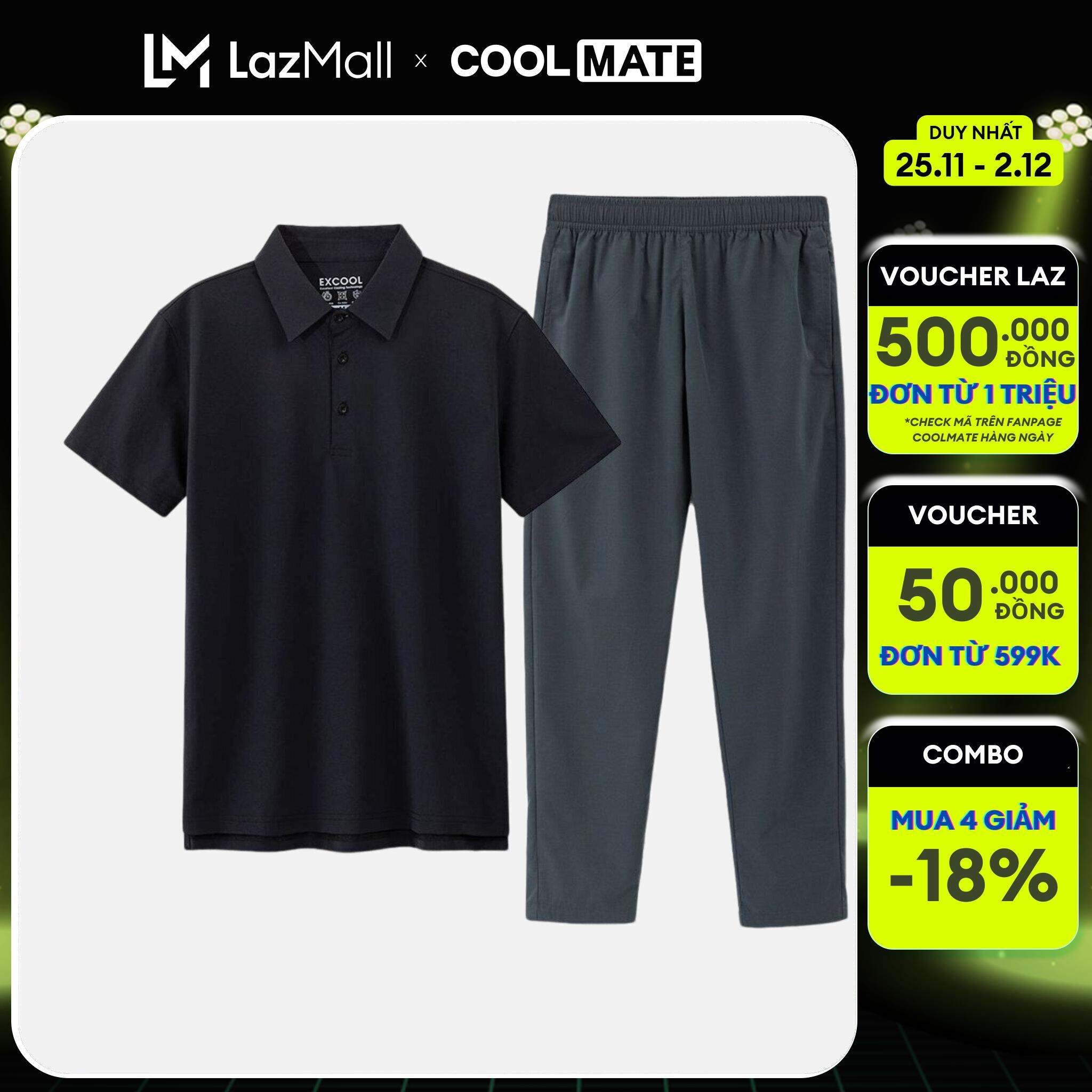 [MUA 4 GIẢM 18%]Đồ bộ nam áo polo excool đen và quần daily pants xám xanh - Coolmate