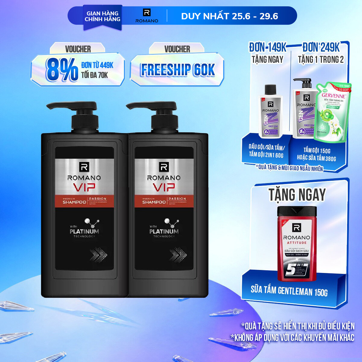 Combo 2 Dầu gội cao cấp Romano Vip sang trọng cuốn hút mạnh mẽ bí ẩn 650g