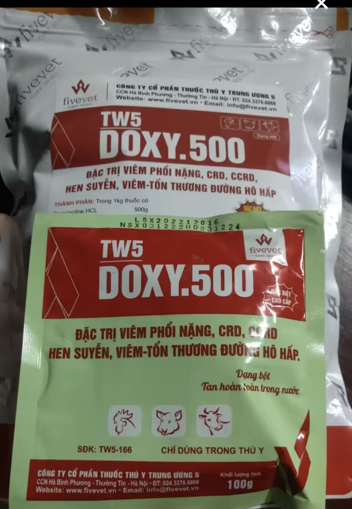 100gram DOXY 500 ĐTrị Viêm phổi, hen khẹc, tổn thương đường hô hấp dùng trong thú y.