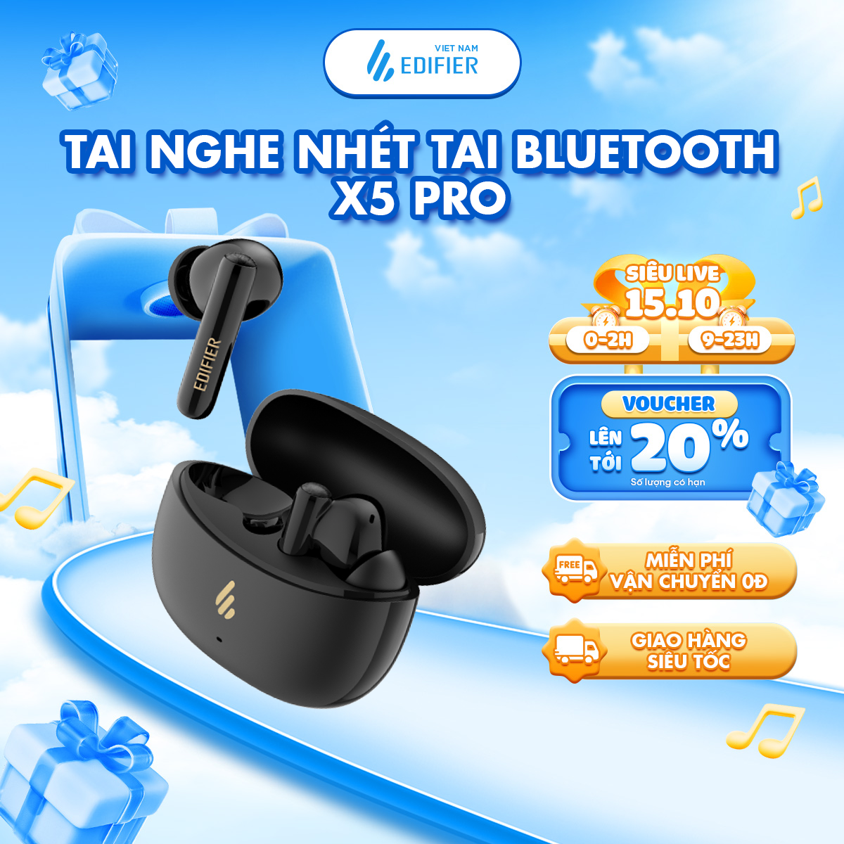 Tai nghe Bluetooth không dây EDIFIER X5 Pro/ X5 Pro Gen 2 | Khử ồn chủ động | Chứng nhận chống nước IP55 | Bảo hành 15 Tháng