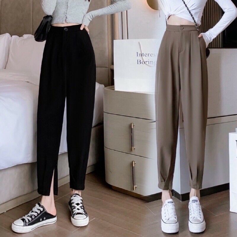 Quần baggy nữ bo gấu cạp cao lưng chun