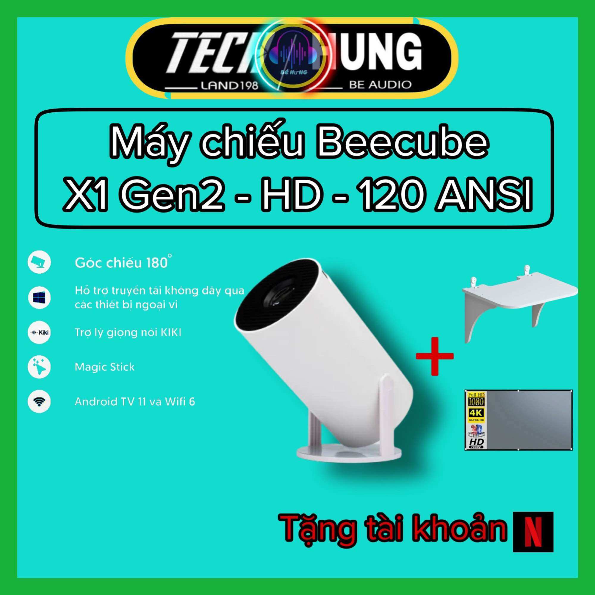 Máy chiếu BeeCube X1 Gen2 - Độ phân giải HD - Chính Hãng Bảo Hành 12 Tháng - Máy chiếu 4k, chiếu phim, sử dụng cho điện thoại tặng giá đỡ 300k