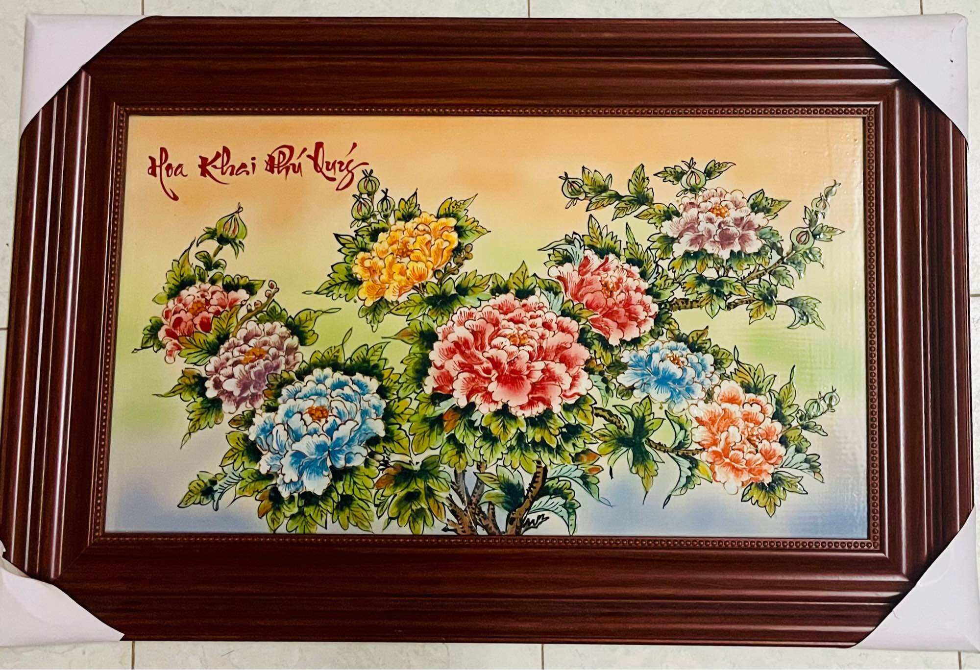 Tranh sứ Bát Tràng vẽ Hoa khai Phú quí và 90cm x60cm.