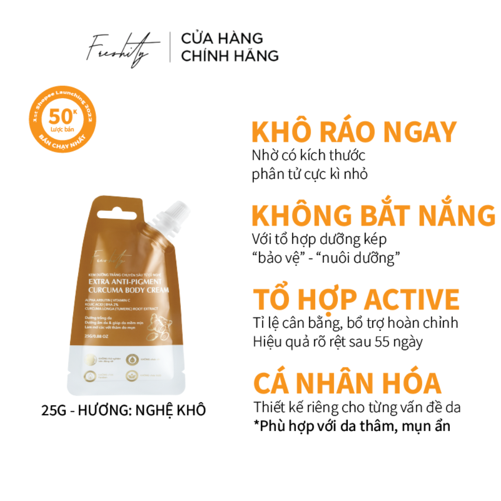 Kem dưỡng trắng từ củ nghệ chứa 22% Vitamin C và 2% BHA  Freshity 25g cho da mụn cơ thể, viêm nang lông