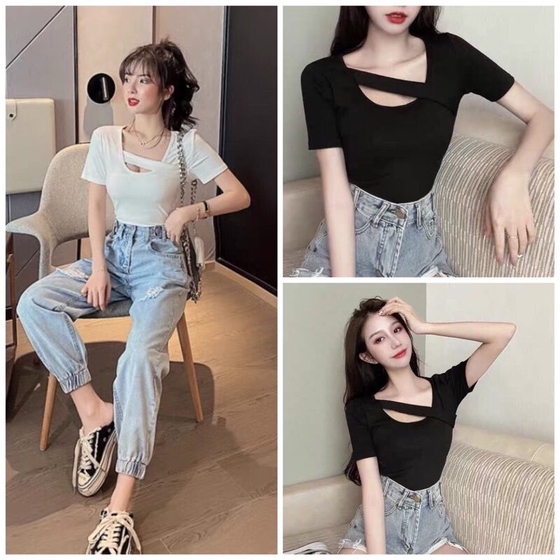 Áo croptop cổ tròn dây chéo tay ngắn