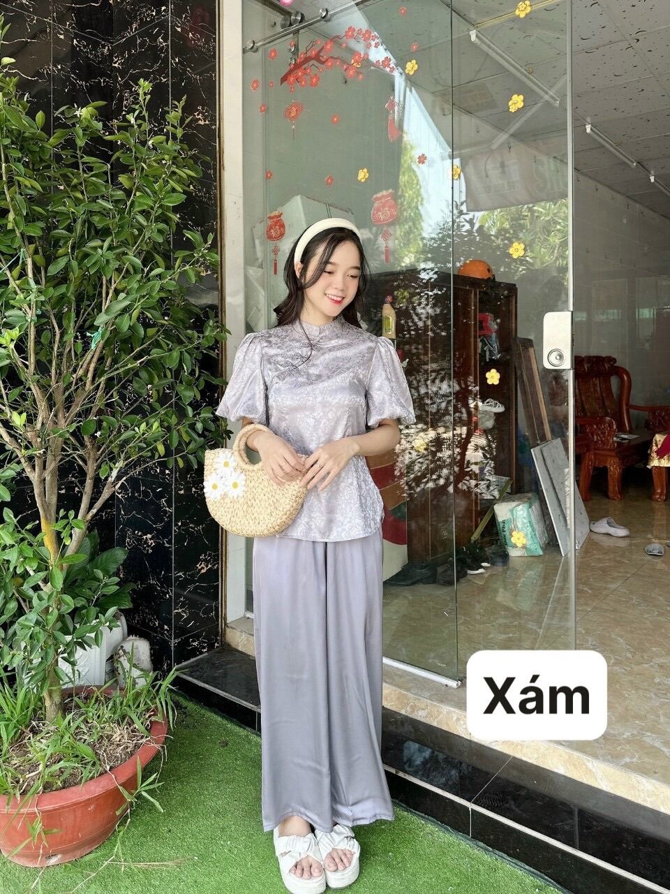 Đồ lam đi chùa _ Mẫu Gấm Tay Phồng ( vãi gấm )