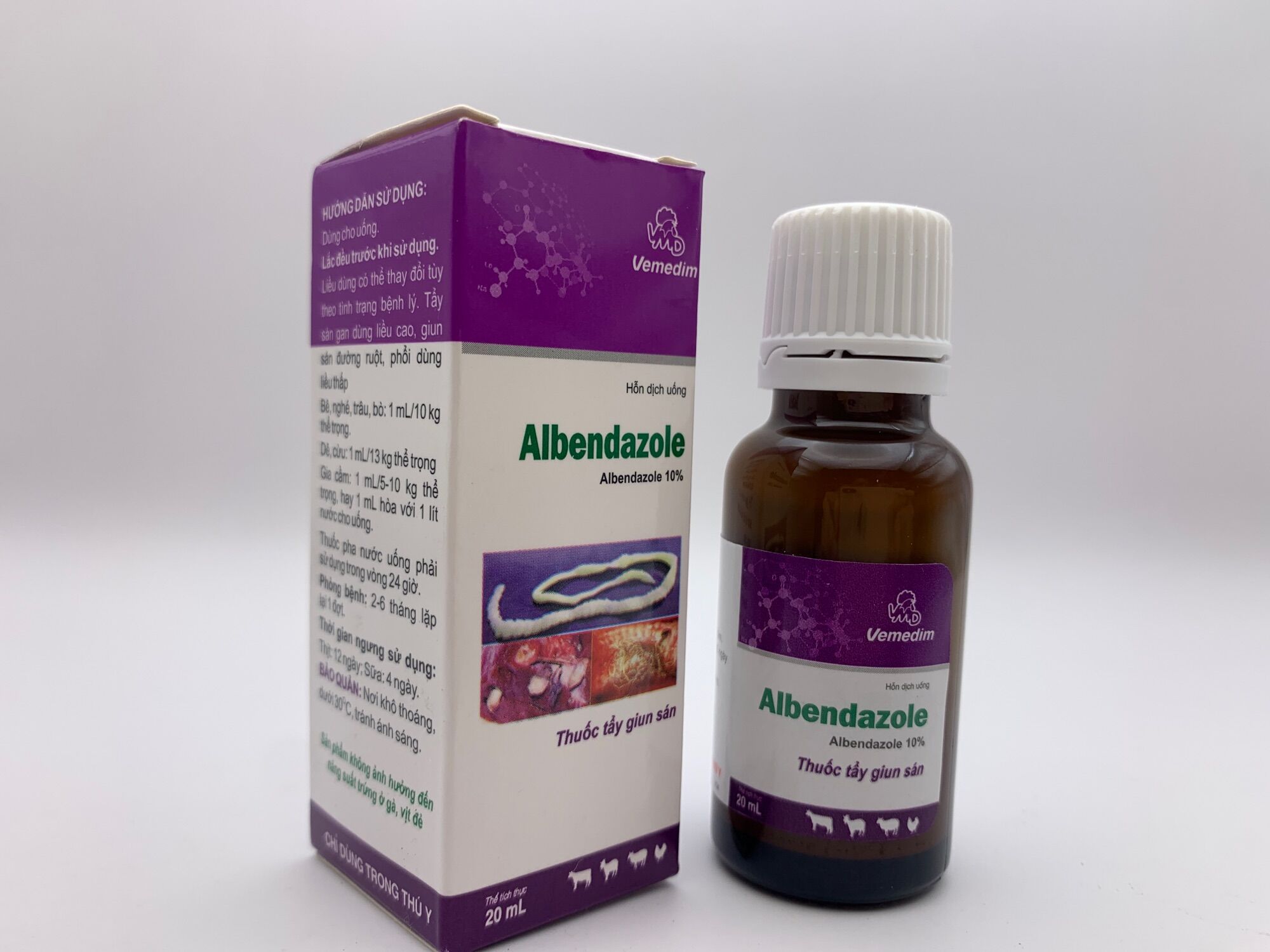 Albendazole 20ml - giun sán gia cầm, chó mèo, dê cừu, heo, bê, nghé, trâu, bò, ngựa - dạng uống