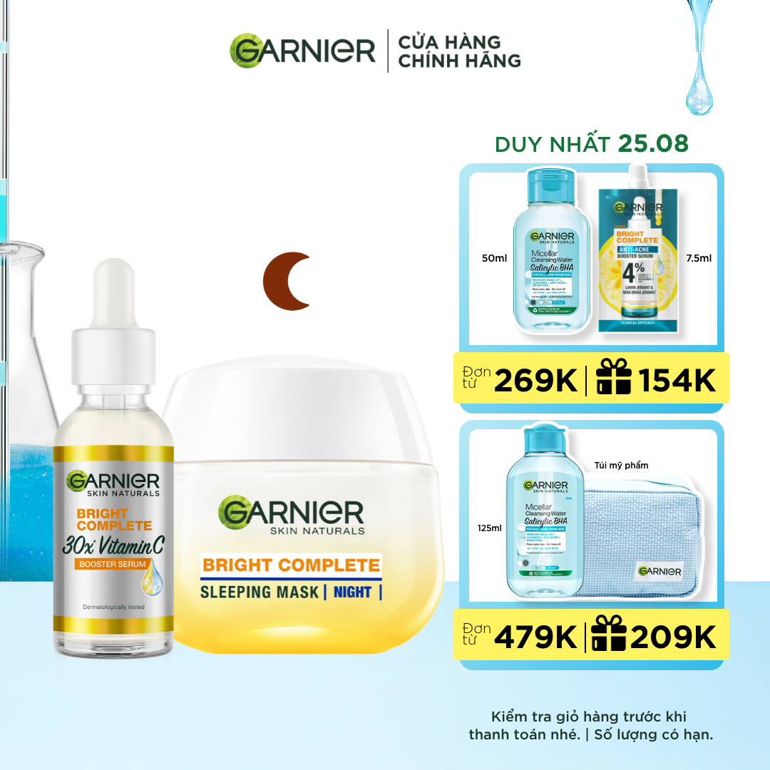 Set tinh chất serum & kem dưỡng mặt nạ ngủ sáng da & giảm thâm mụn dành cho ban đêm Garnier Bright Complete Vitamin C