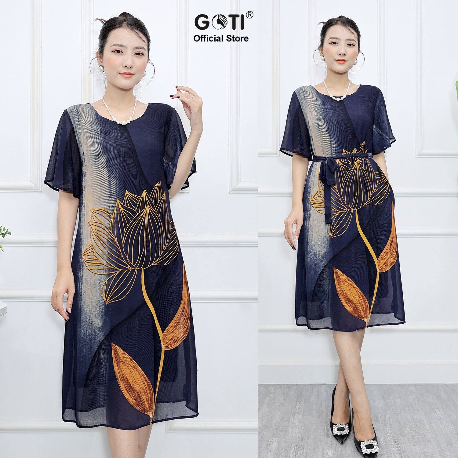 GOTI – Đầm Suông Voan Trung Niên Dự Tiệc Kiểu Đầm Suông Chữ A Dáng Dài In Hoa Sen Vàng Cao Cấp Quà T