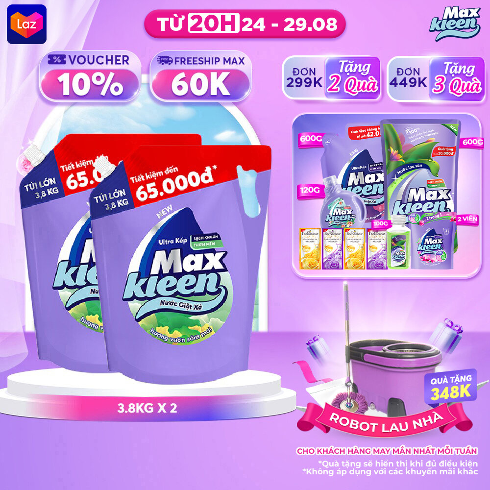 Combo 2 Túi Nước Giặt Xả MaxKleen Hương Vườn Sớm Mai (3.8kg/túi)