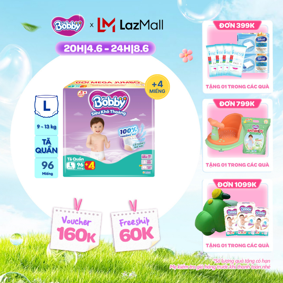 [QUÀ TẶNG HẤP DẪN TỪ 9-10.6][TẶNG MIẾNG NGẪU NHIÊN] Tã/bỉm quần Bobby 3mm Mega Jumbo Siêu khô thoáng L96