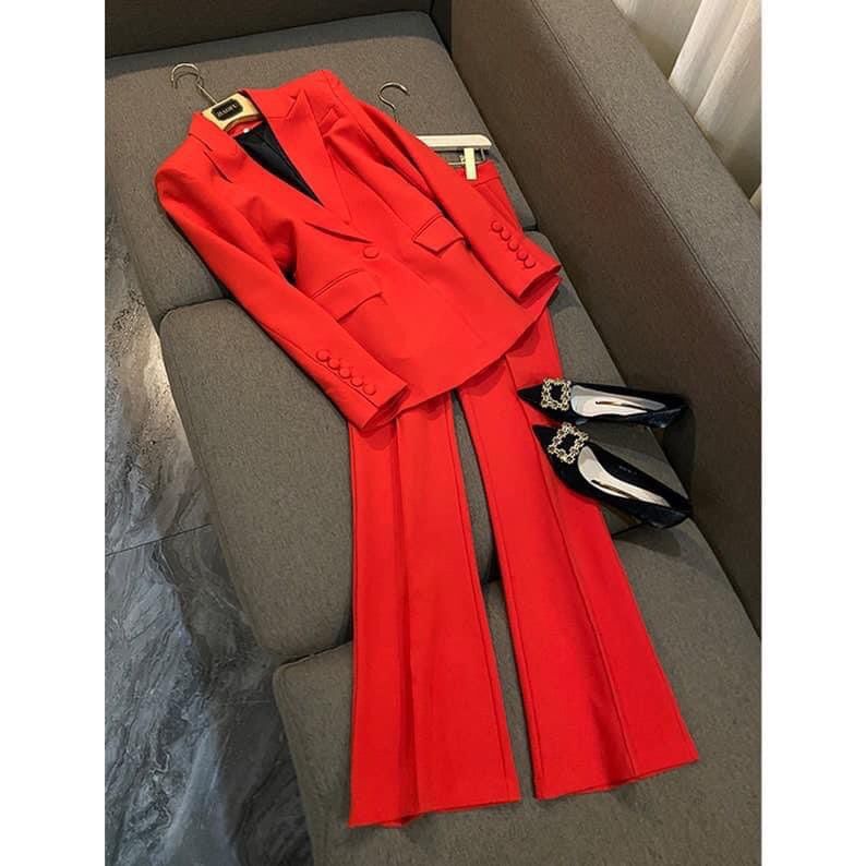 Set vest nữ blazer màu đỏ quần ống loe