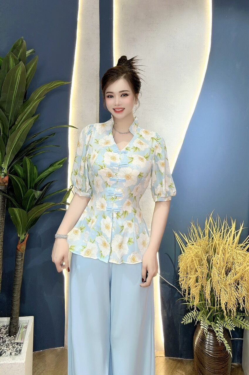 Bộ bà ba cổ tim tay phồng