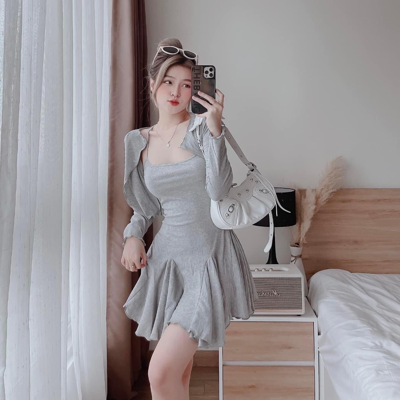 Full set đầm dây phối xoè kèm áo xinh SE2