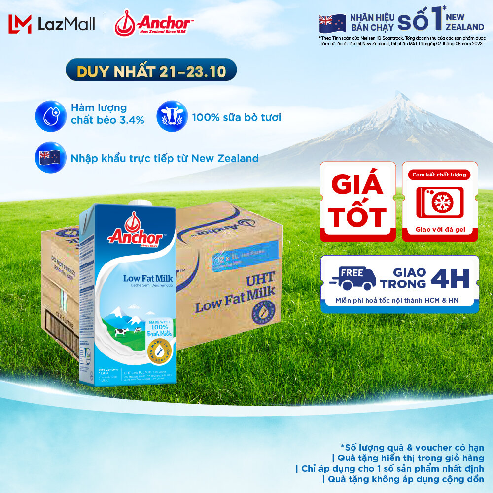 [GIAO HÀNG HỎA TỐC - HCM] Thùng 12 Hộp Sữa Tươi Tiệt Trùng Anchor Ít Béo Hộp 1 Lít