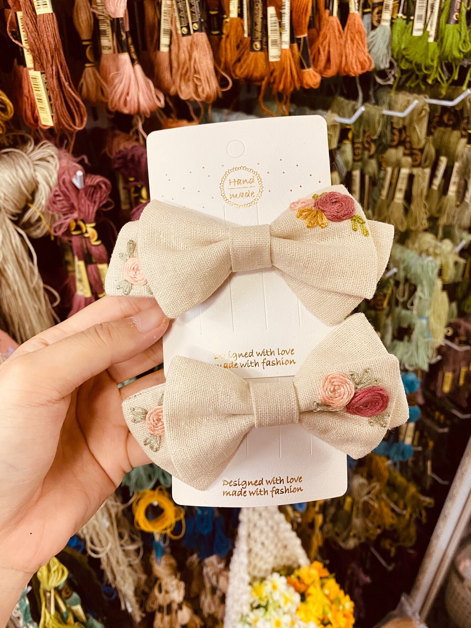 Nơ Kẹp tóc - Cặp tóc Buộc tóc  thêu tay vải linen (handmade by Pong)