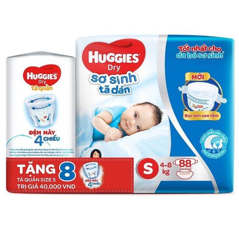 [Tặng 8 miếng] Tã dán sơ sinh Huggies S 88 miếng. Date 2024