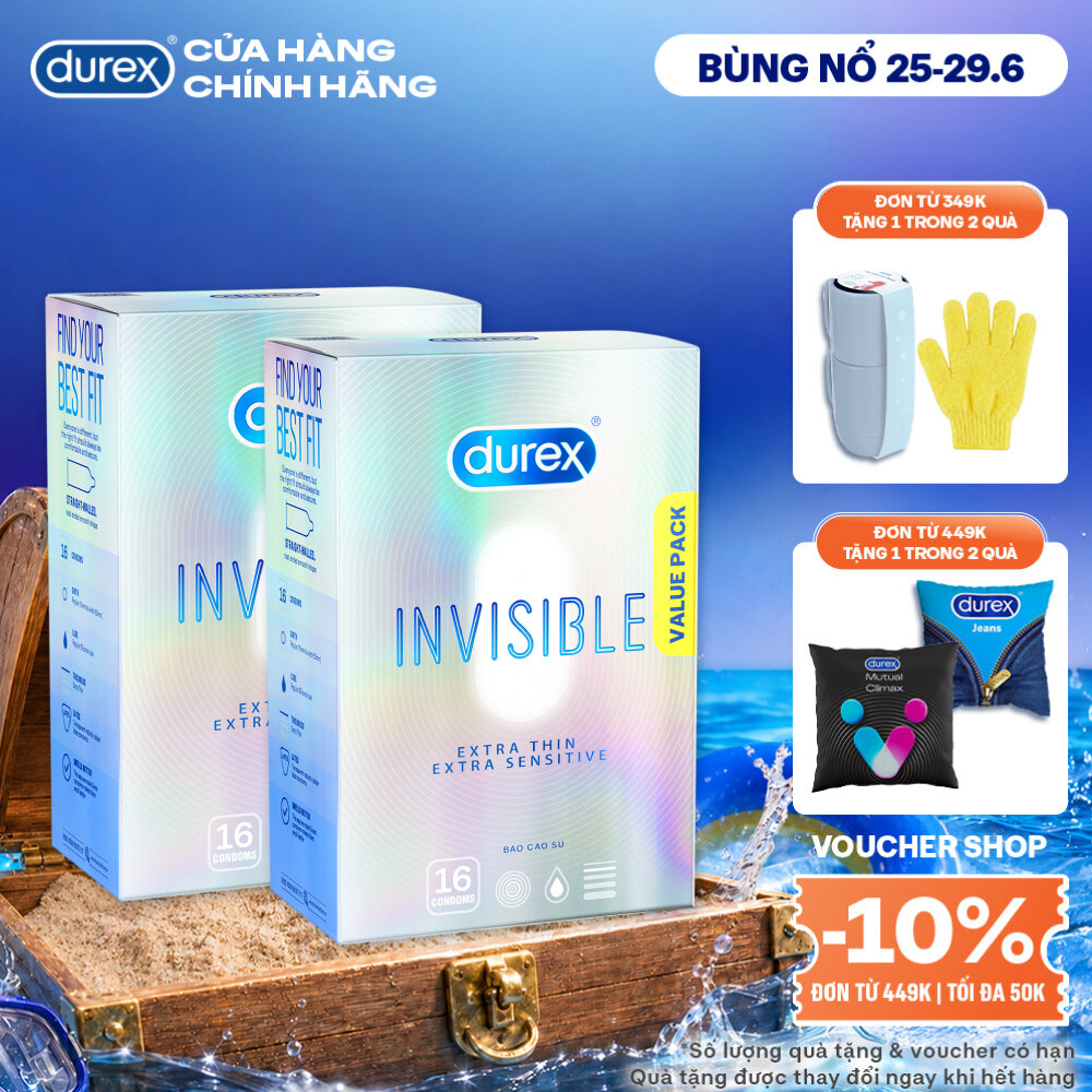 Bộ 2 Hộp Bao Cao Su Durex Invisible Siêu Mỏng, Size 52 mm, Hộp 16 Bao