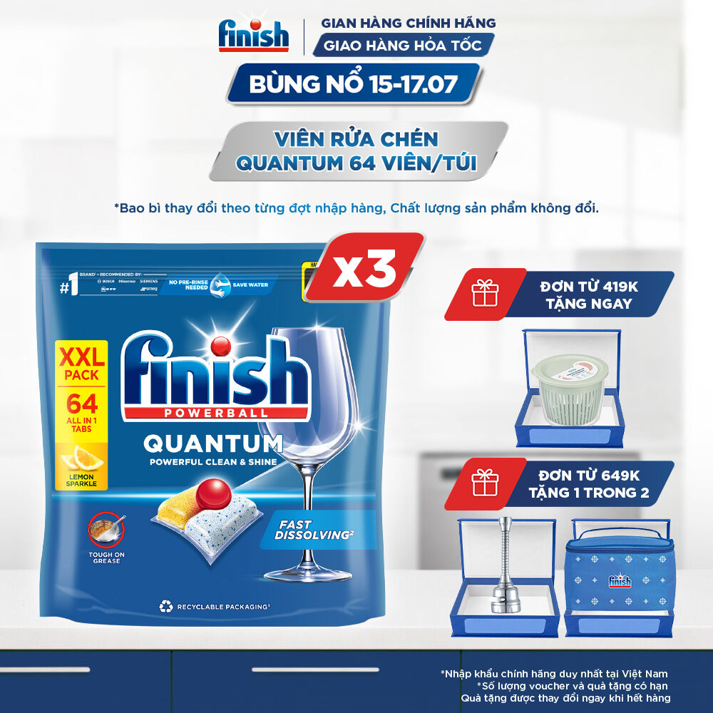 Combo 3 Viên Rửa Chén Bát Finish Powerball Quantum Powerful Clean & Shine 64 viên