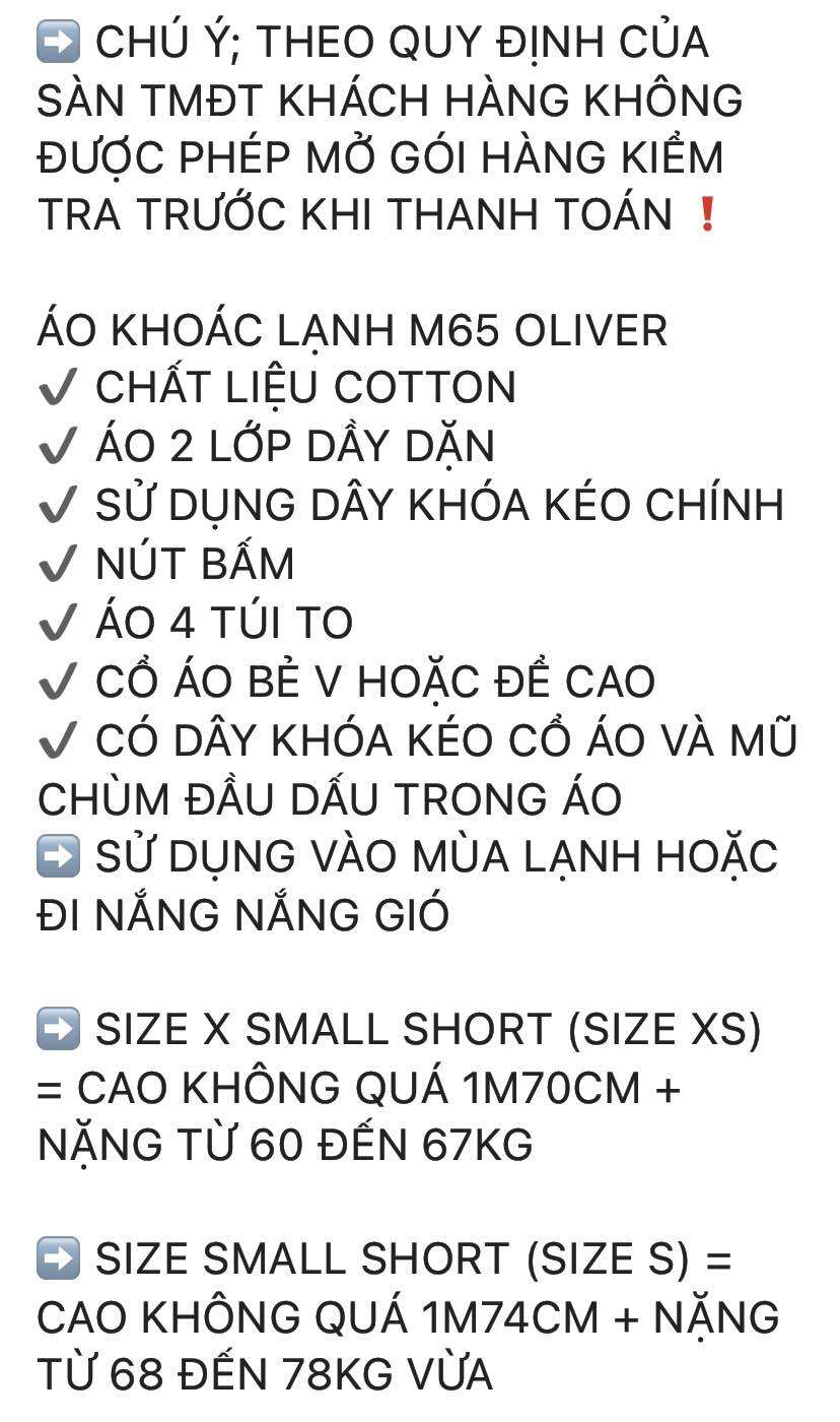 ÁO KHOÁC - FIELD JACKET - M65 JACKET - OLIVER (ĐỌC HẾT PHẦN MÔ TẢ TRƯỚC KHI ĐẶT HÀNG)