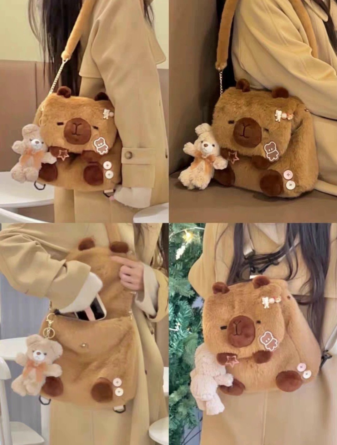 Ba lô nữ hoạt hình capybara bằng lông nhung (có thể đeo dạng ba lô hoặc túi đeo chéo)