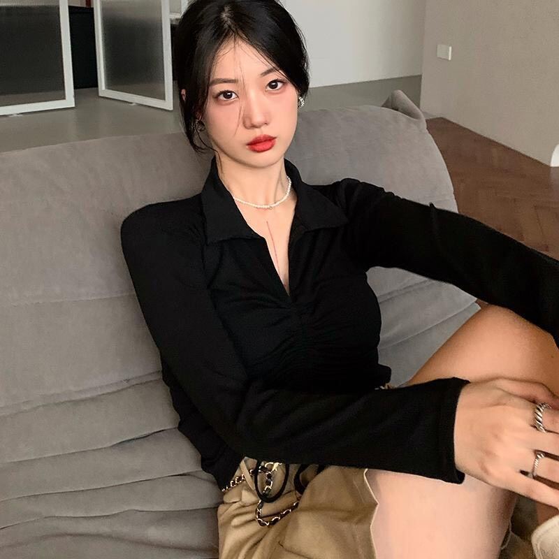 Áo croptop cổ bẻ rút dây tay dài