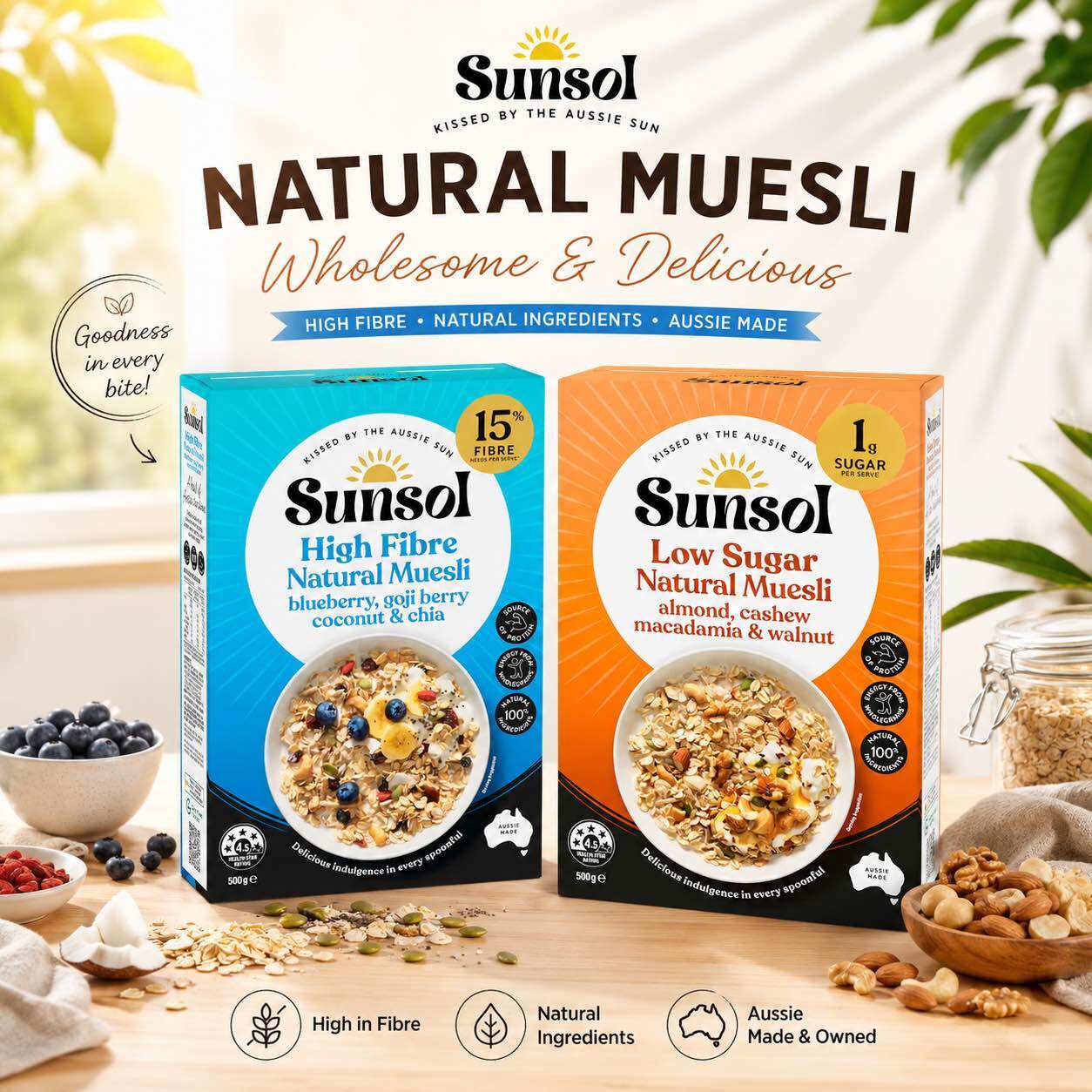 Ngũ cốc nguyên cám & các loại hạt Sunsol Natural Muesli Blueberry Goji Berry Coconut & Chia 500g