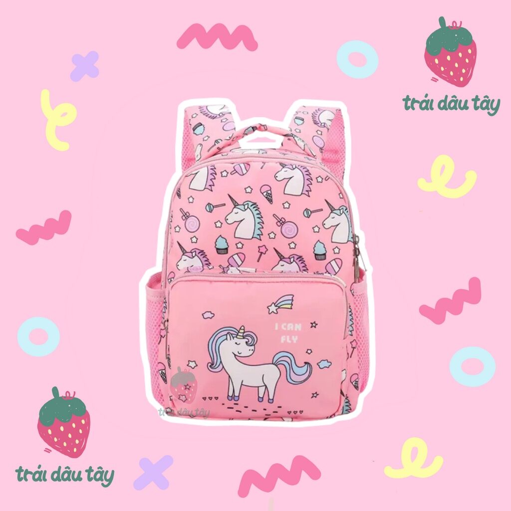 Balo mẫu giáo cho bé gái đi học hình unicorn chất lụa chống thấm nước màu hồng dễ thương