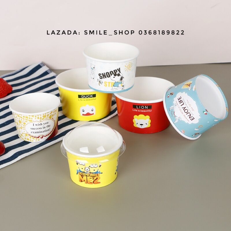 Set 50 cốc giấy đựng kem (Dung tích 200ml),  đựng bánh bông lan trứng muối có tặng kèm nắp vòm