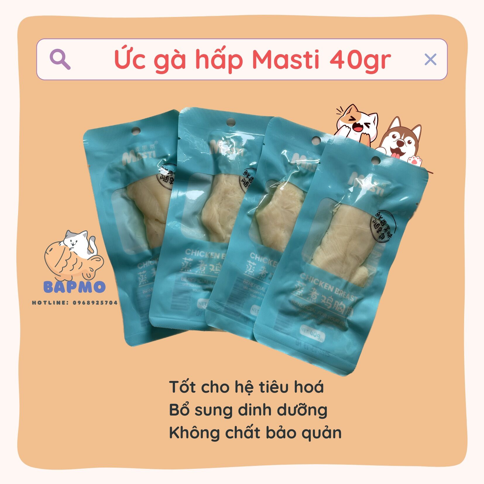 Combo 10 gói ức gà hấp ăn liền cho chó mèo masti - thức ăn raw snack cao cấp masti cho chó mèo - gói 40 gram