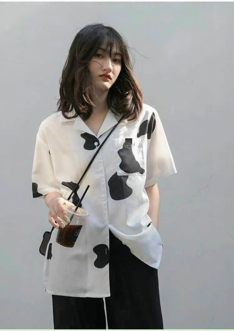Áo sơ mi nữ,áo sơ mi cổ bẻ tay ngắn,áo sơ mi in hình bò sữa form 53kg áo sơ mi đi chơi đi làm thời trang nữ(ngọc39k