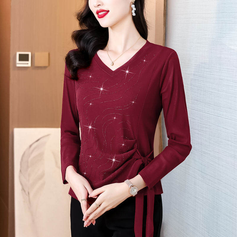 MAIMEI | Áo sơ mi cổ chữ V màu trơn dài tay co giãn mùa thu mới Áo lưới thắt nơ thiết kế đa năng tôn dáng giản dị
