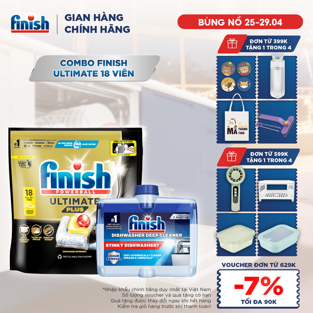 Viên Rửa Chén Bát Finish Powerball Ultimate Plus Intensive Lemon Sparkle 18 Viên + Dung Dịch Vệ Sinh Máy Finish 250ml