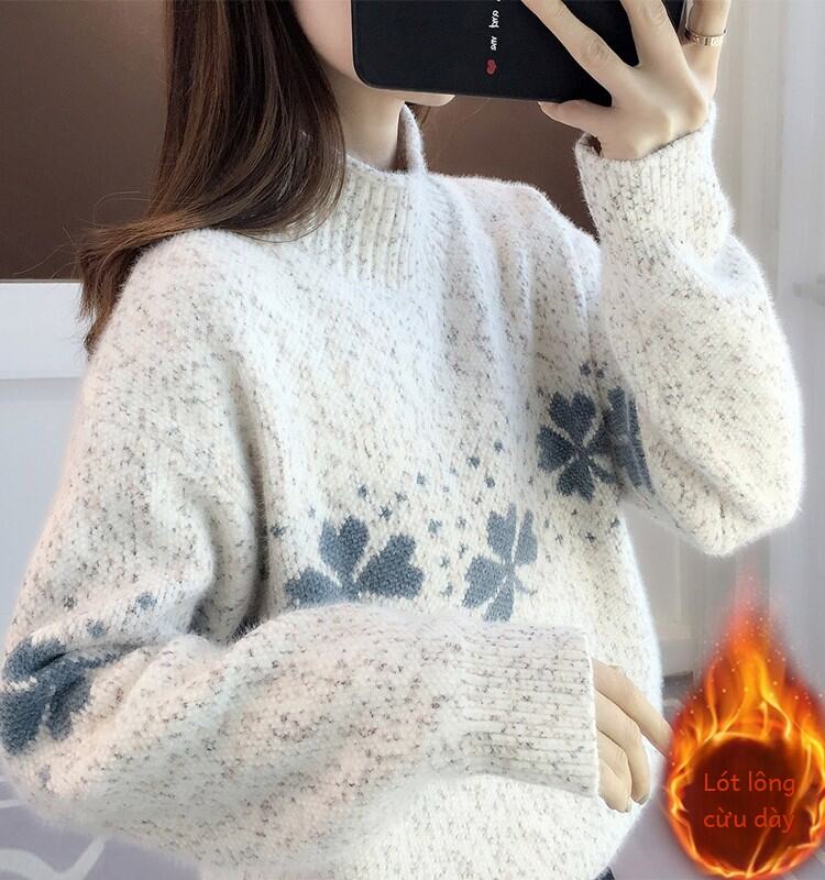 Áo Len Cổ Cao Dày Bằng Lông Cừu Chất Lượng Cho Nữ Mùa Thu Đông Áo Len Dệt Kim Dài Tay Cổ Tròn Dáng Rộng Màu Trơn