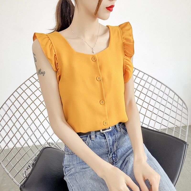 Áo 2 dây bản to viền bèo chất đũi nhật