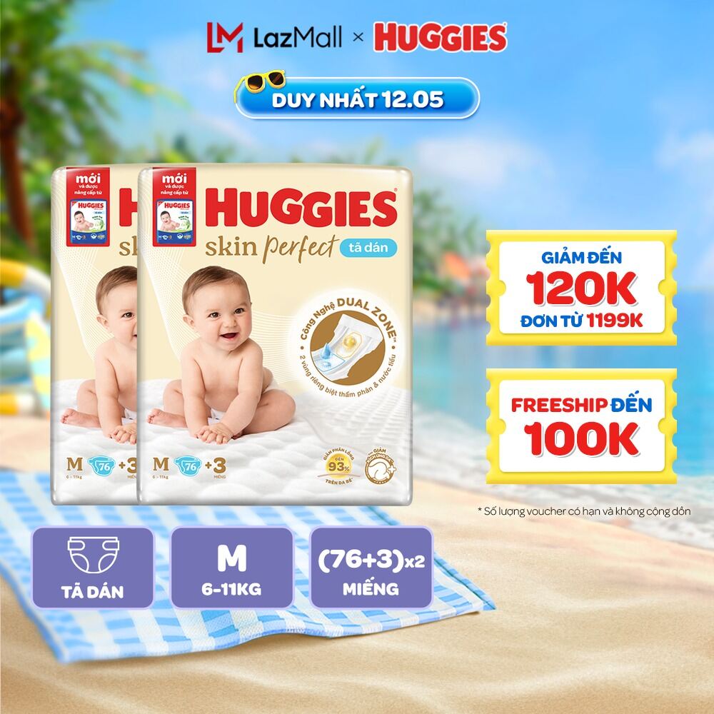 Combo 2 Tã/bỉm dánHuggies Skincare Super Jumbo M76+3/L68/XL60/XXL54