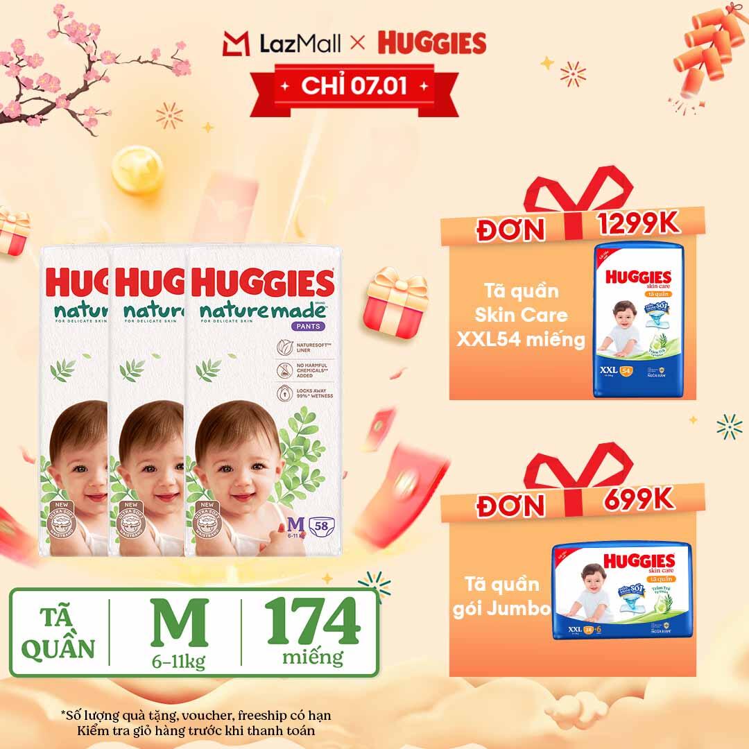 [CHỈ 15.01-10.02 QUÀ TẶNG ĐƠN 399K] Combo 3 Tã/Bỉm quần HUGGIES PLATINUM NatureMade M58 (6-11kg)-Gói Super Jumbo 58 miếng